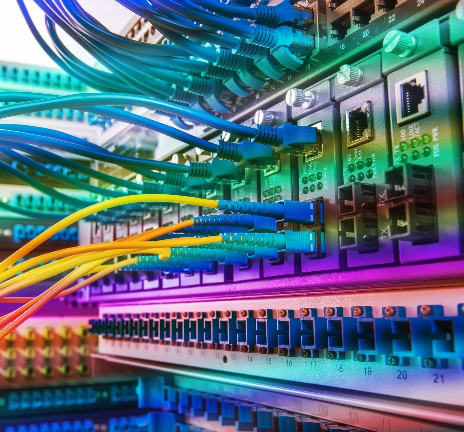 Network server rack with colorful cables